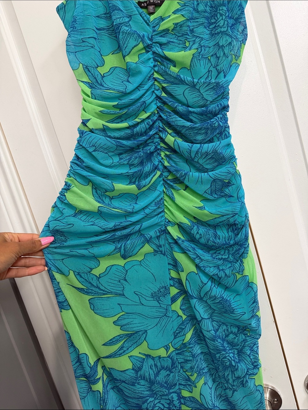 STRETCH Sleeveless Blue-Green Floral Ruched Maxi Dress